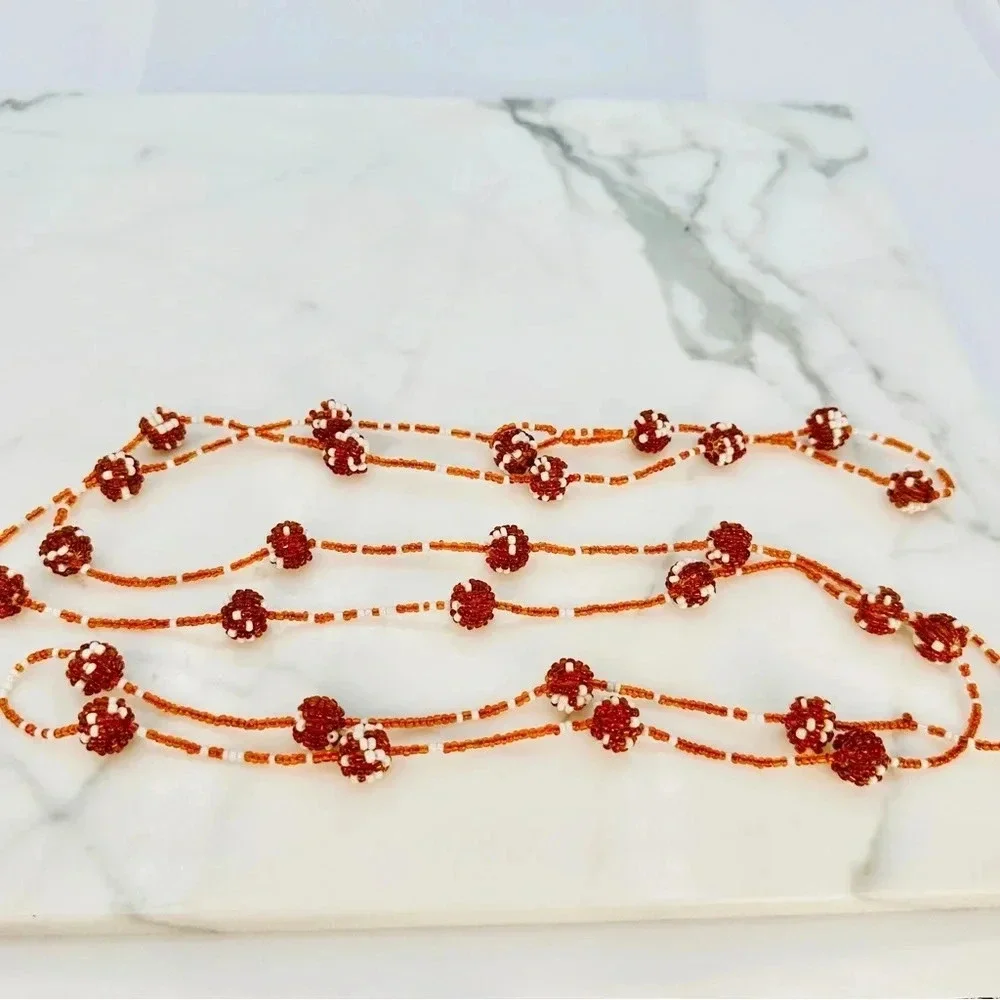 Vintage Beaded Station Necklace Very Long 62” Burnt Orange Polka Dot Est…